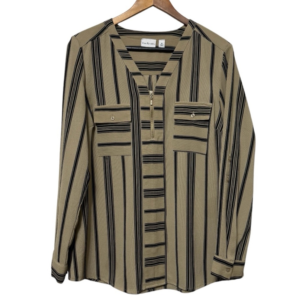 Kim Rogers V-Neck 3/4 Zipper Blouse Women’s Medium Convertible Sleeves Striped
